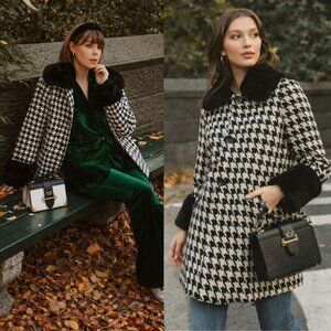 Reformation Lucille Coat Houndstooth Faux Fur Black White Size XS